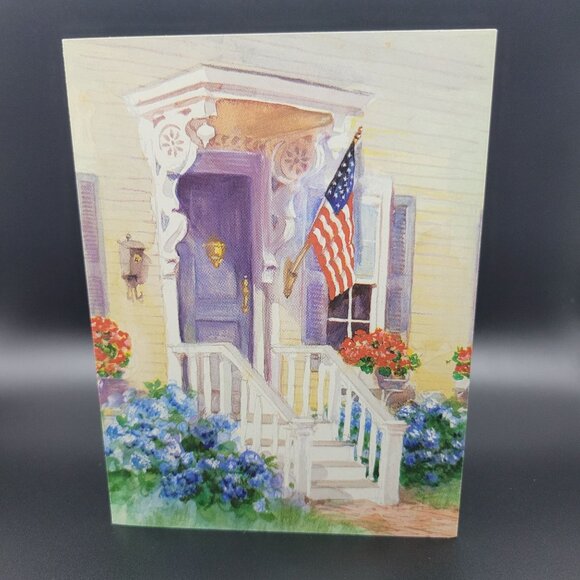 Vintage Greeting Card USA Flag Front Porch with Flowers Art Unused Envelope - Picture 2 of 6
